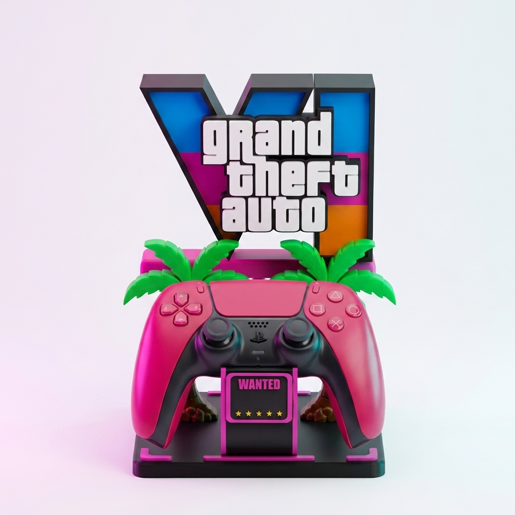 The Wanted Controller Stand in neon pink on a desk
