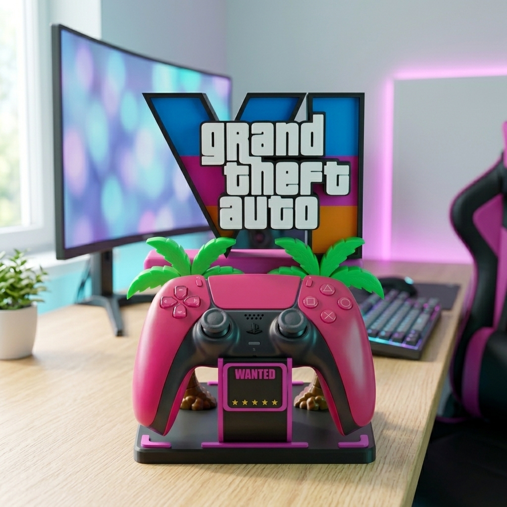 Neon stand in a desk setup