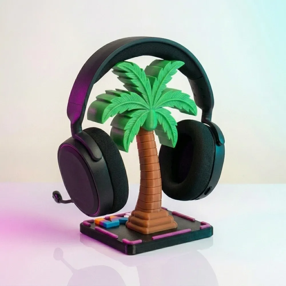 Angle view of the neon-lit headset stand.
