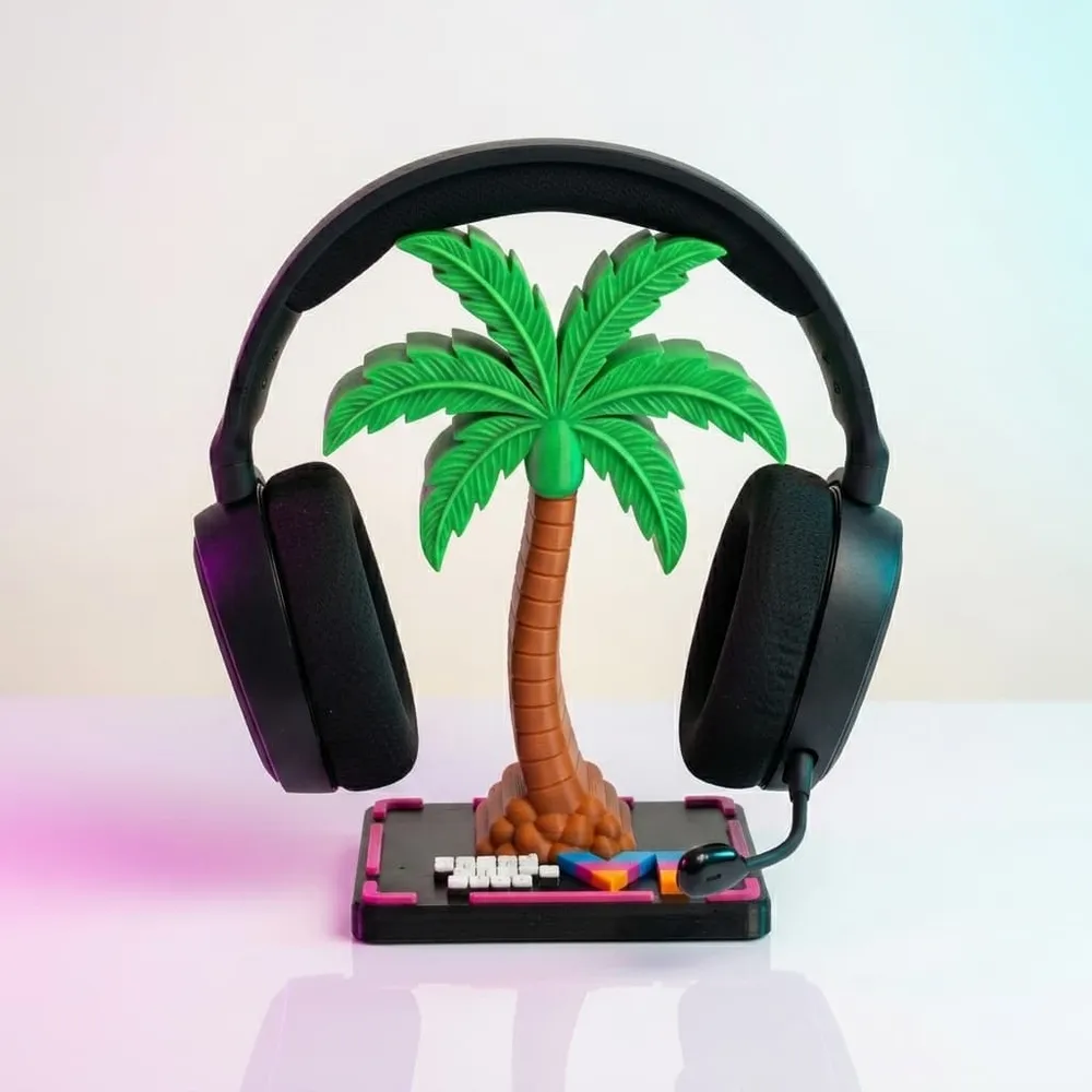 Front view of the palm tree headset stand holding a gaming headset