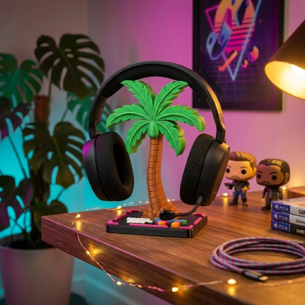 The Headset Stand in a neon-lit gaming environment.