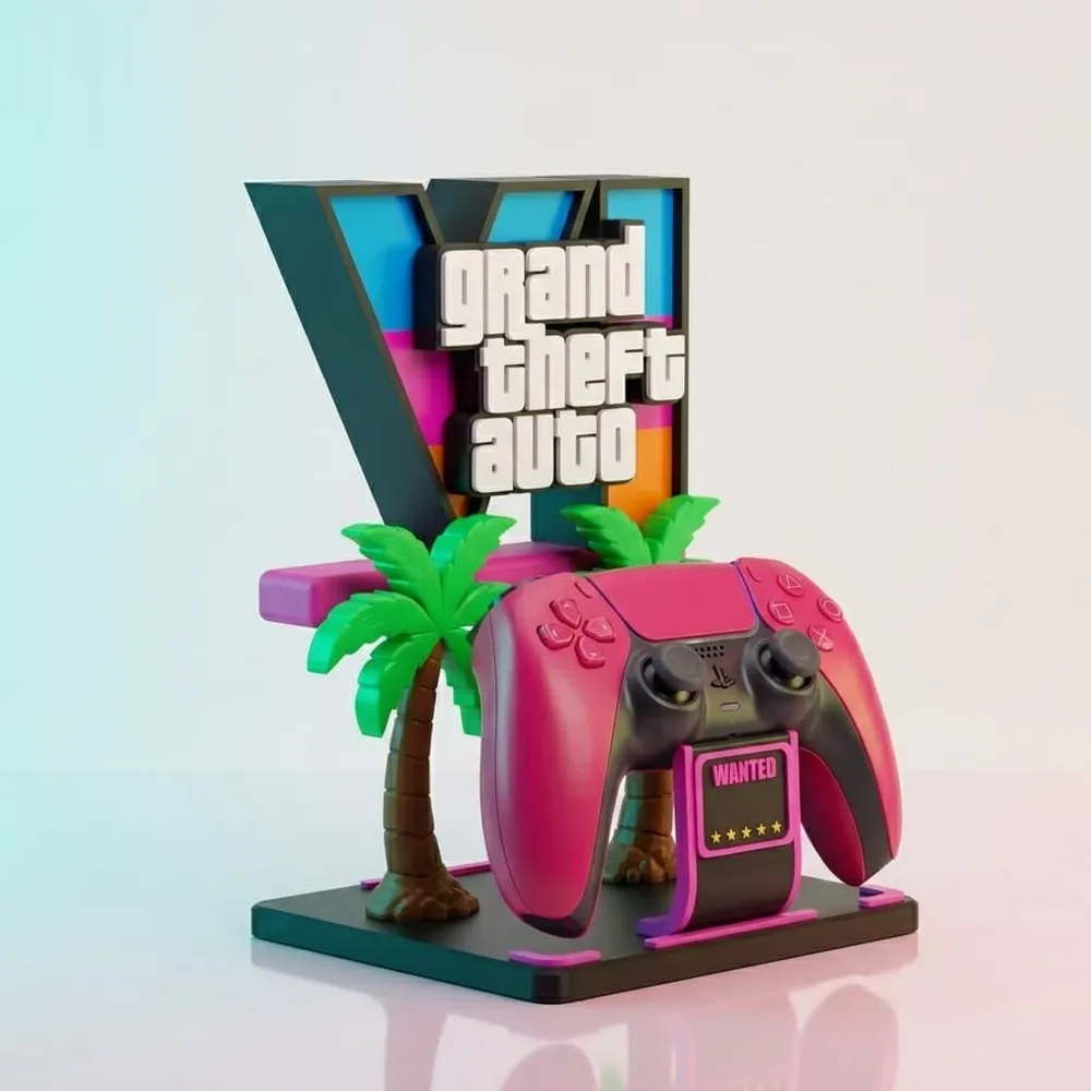 Angle view of the neon-lit controller stand showing precision crafting.
